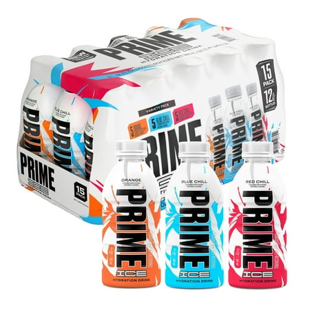 Prime Ice Hydration Sports Drink, Variety Pack, Blue Ice, Red Ice, Orange, 12 fl oz, 15 Pack, Bottles
