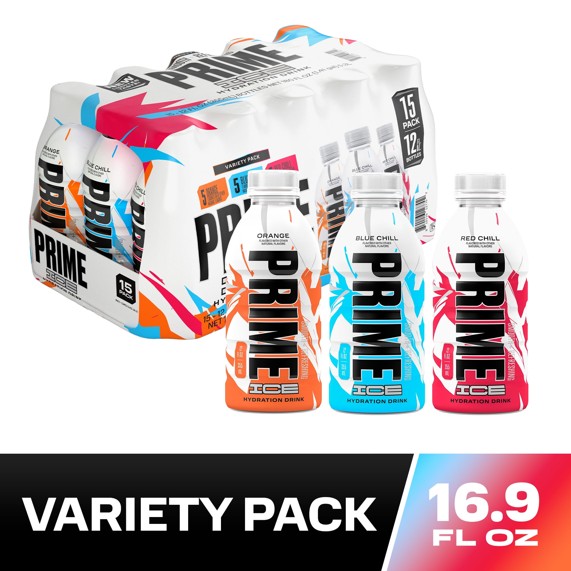 Prime Ice Hydration Sports Drink, Variety Pack, Blue Ice, Red Ice, Orange, 12 fl oz, 15 Pack, Bottles
