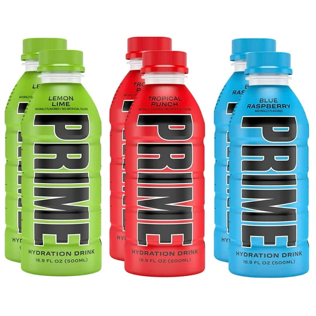 Prime Hydration Sports Drink Variety Pack - Energy Drink, Electrolyte Beverage - Lemon Lime, Tropical Punch, Blue Raspberry - 16.9 Fl Oz (6 Pack)