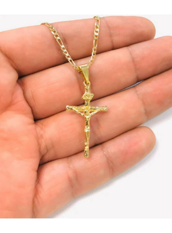 Prime Jewelry 14K Gold Filled Cross Necklace 20” Figaro Link for Men Women 33x18mm