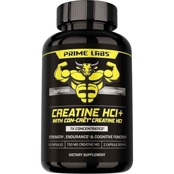 Prime Labs Creatine HCl Capsules - with CON-CRT, Rhodiola Root Extract, & L-Theanine - Muscle Support, Endurance, Cognitive Function - for Men & Women - 60 Pills