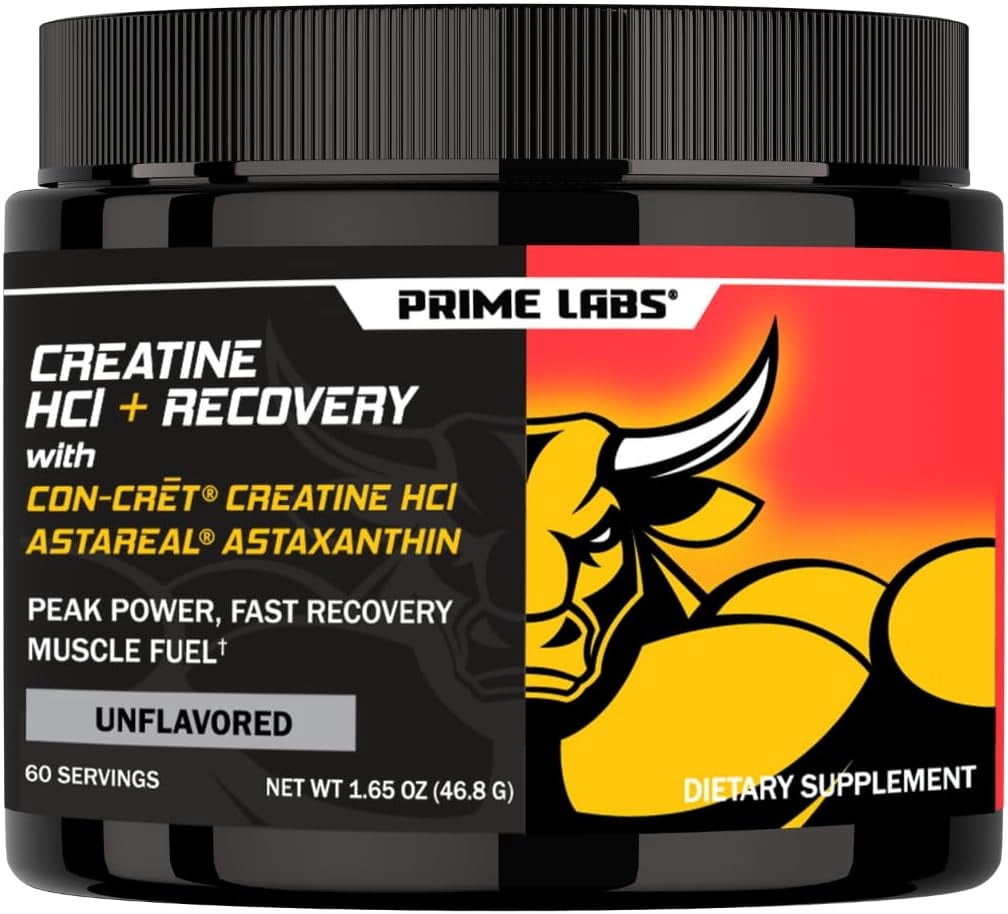 Prime Labs Creatine HCl Powder with AstaReal Astaxanthin 6mg - Supports Muscle Recovery & Brain Health - Con-Cret Creatine HCl (7X More Concentrated Than Monohydrate) - 60 Servings