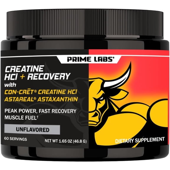 Prime Labs Creatine HCl Powder with AstaReal Astaxanthin 6mg - Supports Muscle Recovery & Brain Health - Con-Cret Creatine HCl (7X More Concentrated Than Monohydrate) - 60 Servings
