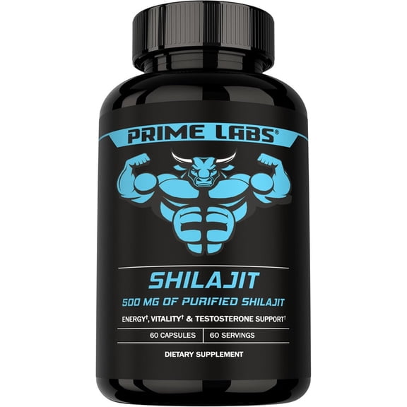 Prime Labs Shilajit Capsules for Men - 500mg Himalayan Shilajit (20% Fulvic Acid) - Energy, Vitality, Testosterone Support - Third-Party Tested, Made in The USA, Non-GMO - 60 Count, 60 Servings