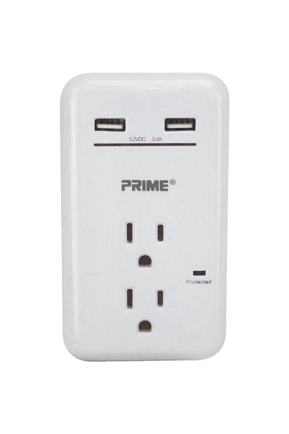 Prime Line  125 V 2-Outlet & 3.4A 2-USB Charger with Surge Protection, White