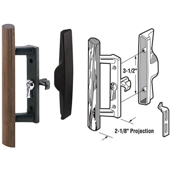 Prime-Line C 1095 Sliding Glass Door Handle Set, 3-1/2 In., Diecast and Wood, Black, Hook Style, Internal Lock (Single Pack)