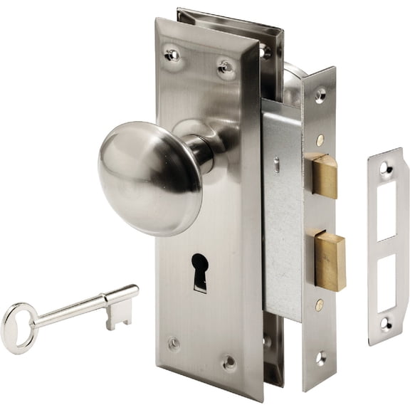 Prime-Line E 2330 Mortise Keyed Lock Set with Satin Nickel Knob Perfect for Replacing Broken Antique Lock Sets and More, Fits 1-3/8 In.-1-3/4 In. Interior Doors, Satin Nickel Single Pack