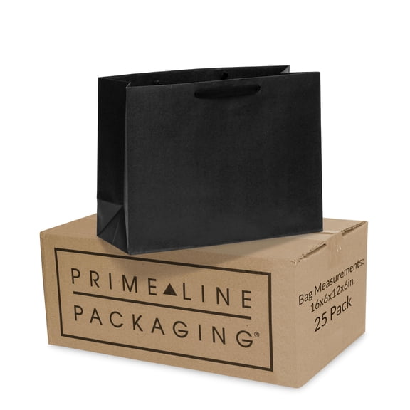 Prime Line Packaging Black Gift Bags, Kraft Paper Bags with Handles for Shopping, Small Business, Boutiques, Custom Retail, Merchandise Bulk, 16x6x12, 25 Pack A101