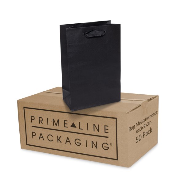 Prime Line Packaging Black Gift Bags, Mini Paper Bags with Handles for Small Business, Boutiques, Shopping, Goodies, Retail Stores, Merchandise, Bulk, 6x3x9, 50 Pack A101