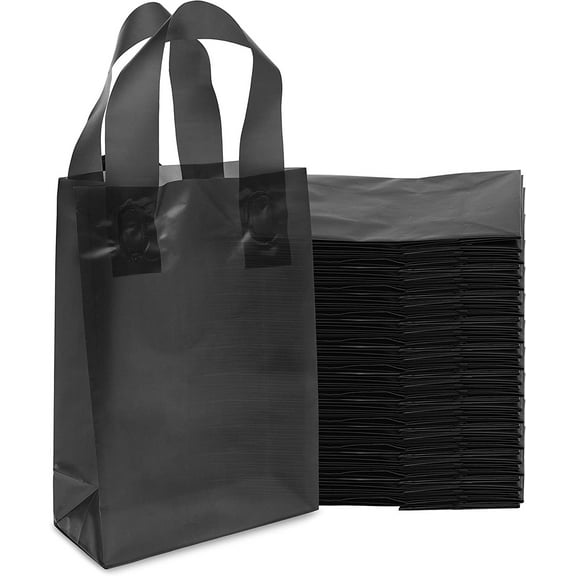 Prime Line Packaging Black Gift Bags, Plastic Bags with Handles Frosted Black 6x3x9 50 Pack