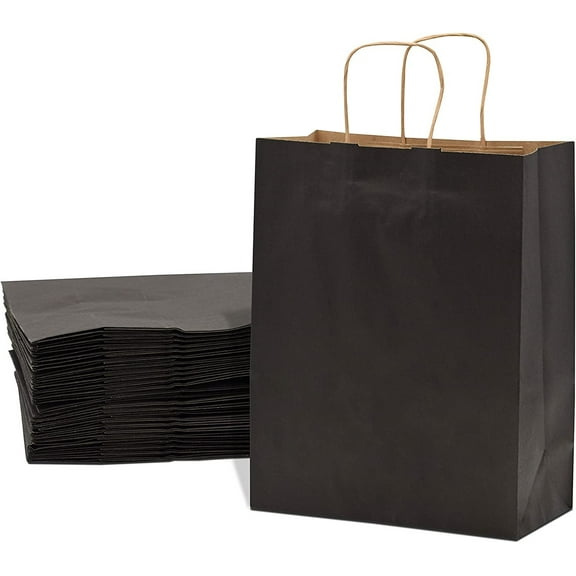 Prime Line Packaging Black Paper Bags, Paper Bags with Handles, Gift Bags Bulk 10x5x13 100 Pack