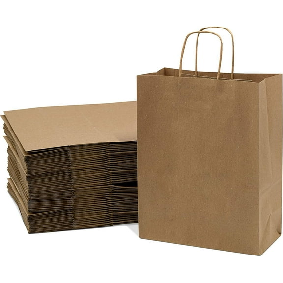 Prime Line Packaging Brown Paper Bags with Handles, Medium Gift Bags Bulk 10x5x13 50 Pack