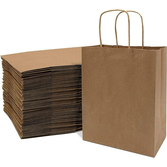 Prime Line Packaging Brown Paper Bags with Handles, Paper Gift Bags 8x4x10 100 Pack
