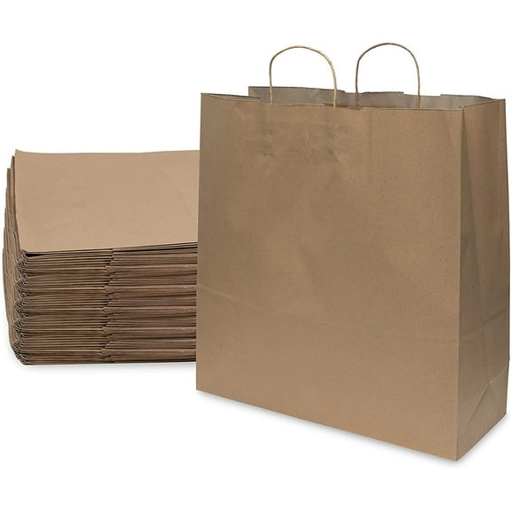 Prime Line Packaging Extra Large Brown Paper Bags with Handles, Gift Bags Bulk 18x7x18.75 100 Pack