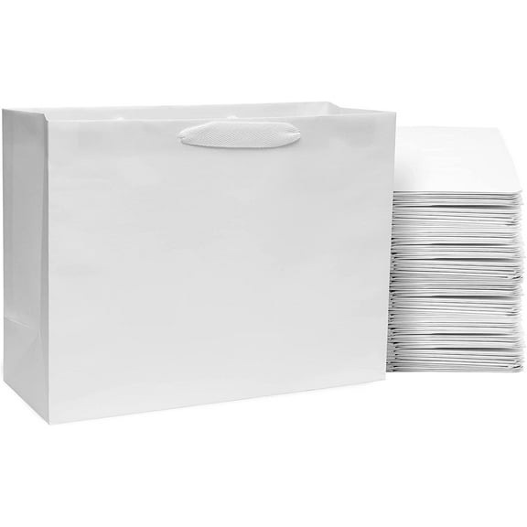 Prime Line Packaging Large PB Twill White Paper Shopping Bags 50 Pack - 16x6x12