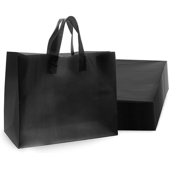 Prime Line Packaging Plastic Shopping Bags with Handles, Frosted Black Extra Large Bulk 16x6x12 100 Pack