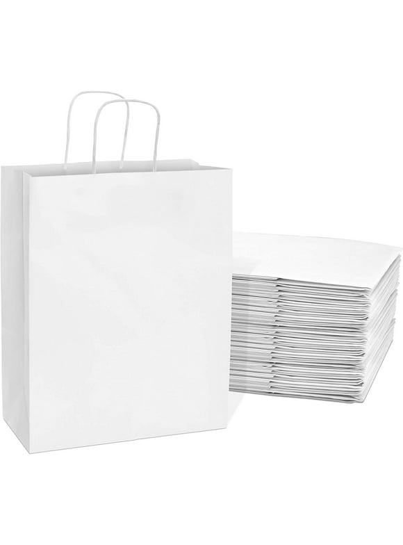 Prime Line Packaging White Gift Bags, Medium Gift Bags Bulk, Paper Bags with Handles 10x5x13 100 Pack