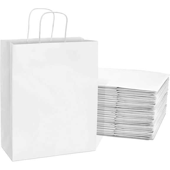 Prime Line Packaging White Gift Bags, Medium Gift Bags Bulk, Paper Bags with Handles 10x5x13 50 Pack