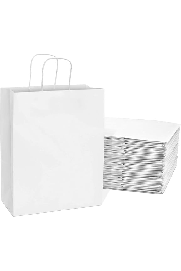 White Gift Bags, Medium Gift Bags Bulk, Paper Bags with Handles 10x5x13 50 Pack