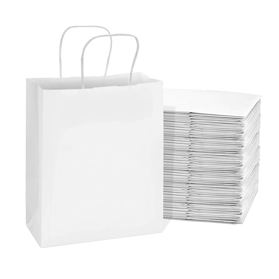 Prime Line Packaging White Paper Bags, Bags with Handles, Small Gift Bags 8x4x10 100 Pack