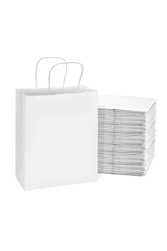 White Paper Bags, Bags with Handles, Small Gift Bags 8x4x10 100 Pack