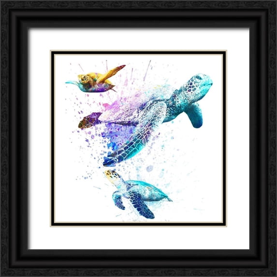 Prime, Marcus 15x15 Black Ornate Wood Framed with Double Matting Museum Art Print Titled - Splashing Turtles 2