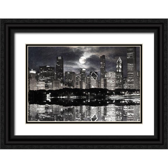 Prime, Marcus 32x23 Black Ornate Wood Framed with Double Matting Museum Art Print Titled - Full Moon Chicago 2