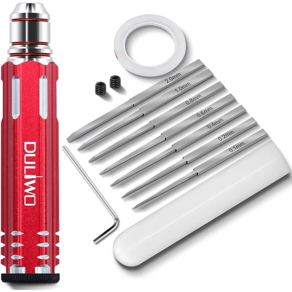 Prime Model Scriber Gundam Resin Carved Scribe Line Hobby Cutting Tool Chisel, 7 Model Chisel Blades (0.1/0.2/0.4/0.6/0.8/1.0/2.0mm) with Rubber Cap + Carving Masking Tape 3mmx20m (Red)