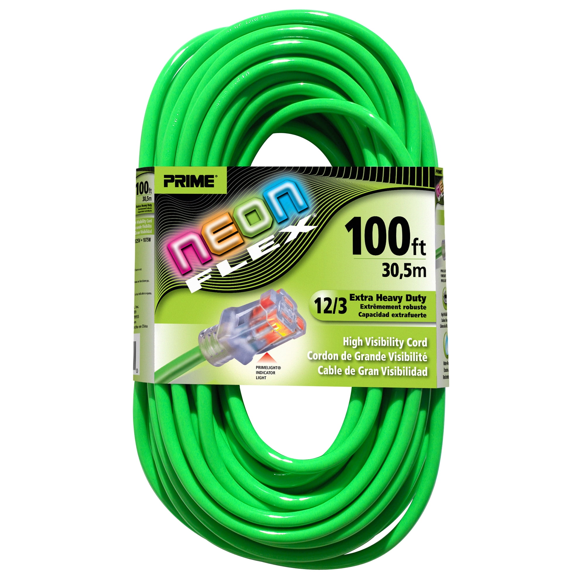 Neon Green 100 ft Heavy Duty Power Extension Cable with Nickel Plated Connectors
