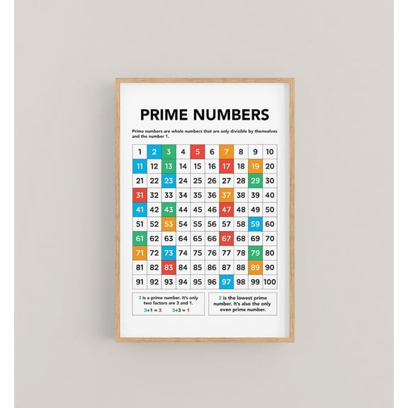 Prime Number Chart 1-100 Math Poster, Unframed Paper Poster 8x10in