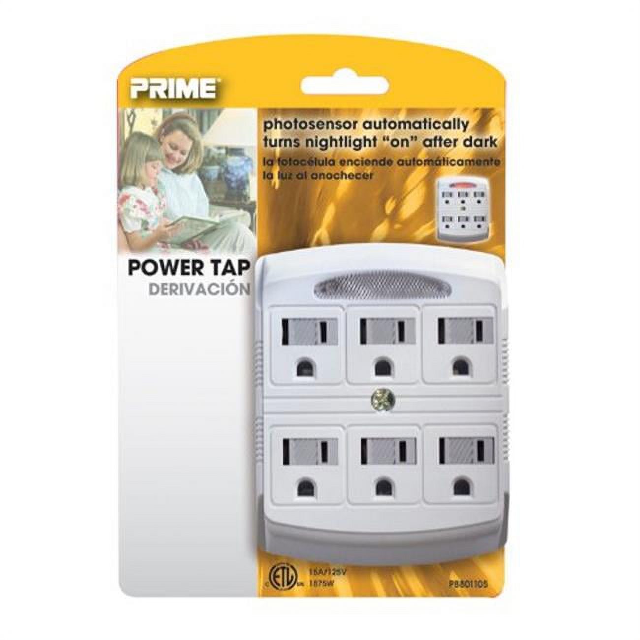 Prime PB801105 6 Outlet White Power Tap with Photocell Nightlight