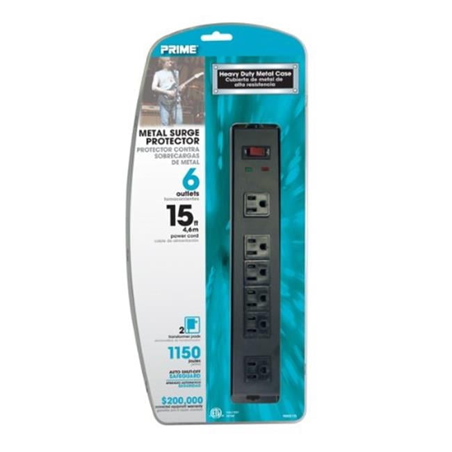 Black 6-Outlet Metal Surge Protector Power Strip with 15ft Cord