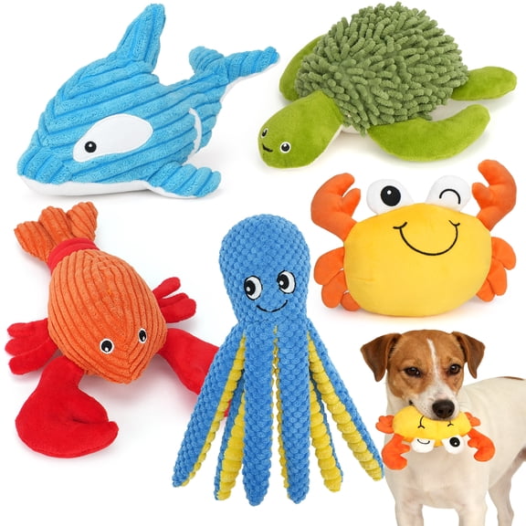 Prime Pets Dog Toys, 5pc Plush Ocean Animal Dog Squeaky Toy, Crinkle Pet Toy, Stuffed Puppy Chew Toys