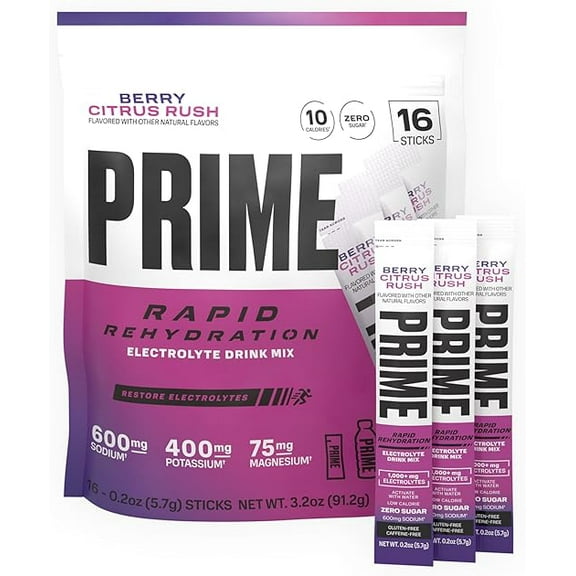 Prime Rapid Rehydration Electrolyte Powder Sticks, Berry Citrus Rush, Sugar Free Hydration Drink Mix with Sodium, Potassium & B Vitamins, Caffeine Free, 16 Count