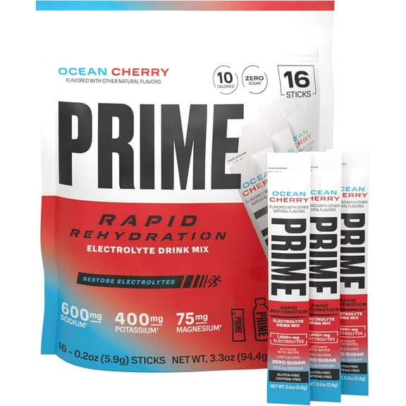 Prime Rapid Rehydration Electrolyte Powder Sticks, Ocean Cherry, Sugar Free Hydration Drink Mix, Caffeine Free, 16 Count
