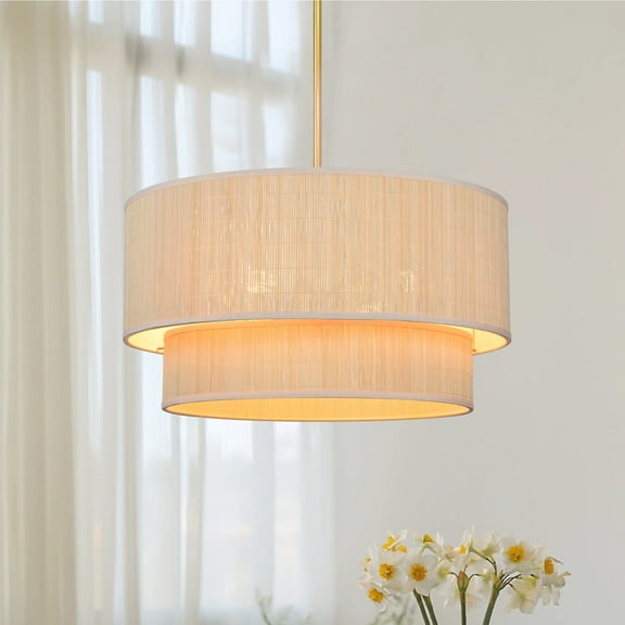 Prime Ray 20 in. 4-Light Natural Rattan Tiered Drum Pendant Chandelier Light with Gold Hardware