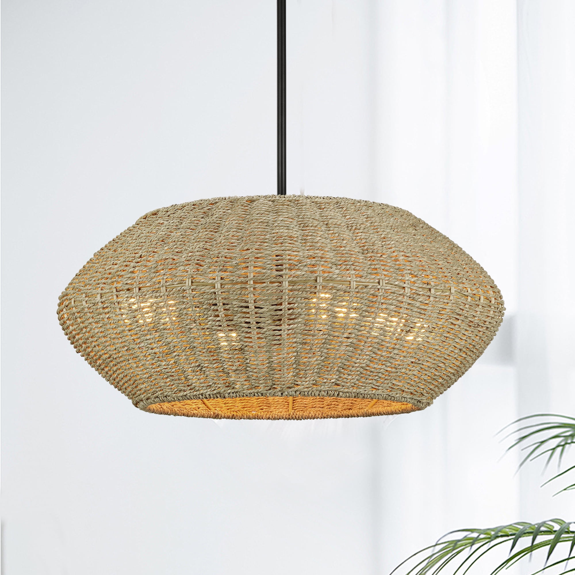 Prime Ray 20" Black and Light Brown Rattan Geometric Pendant Chandelier