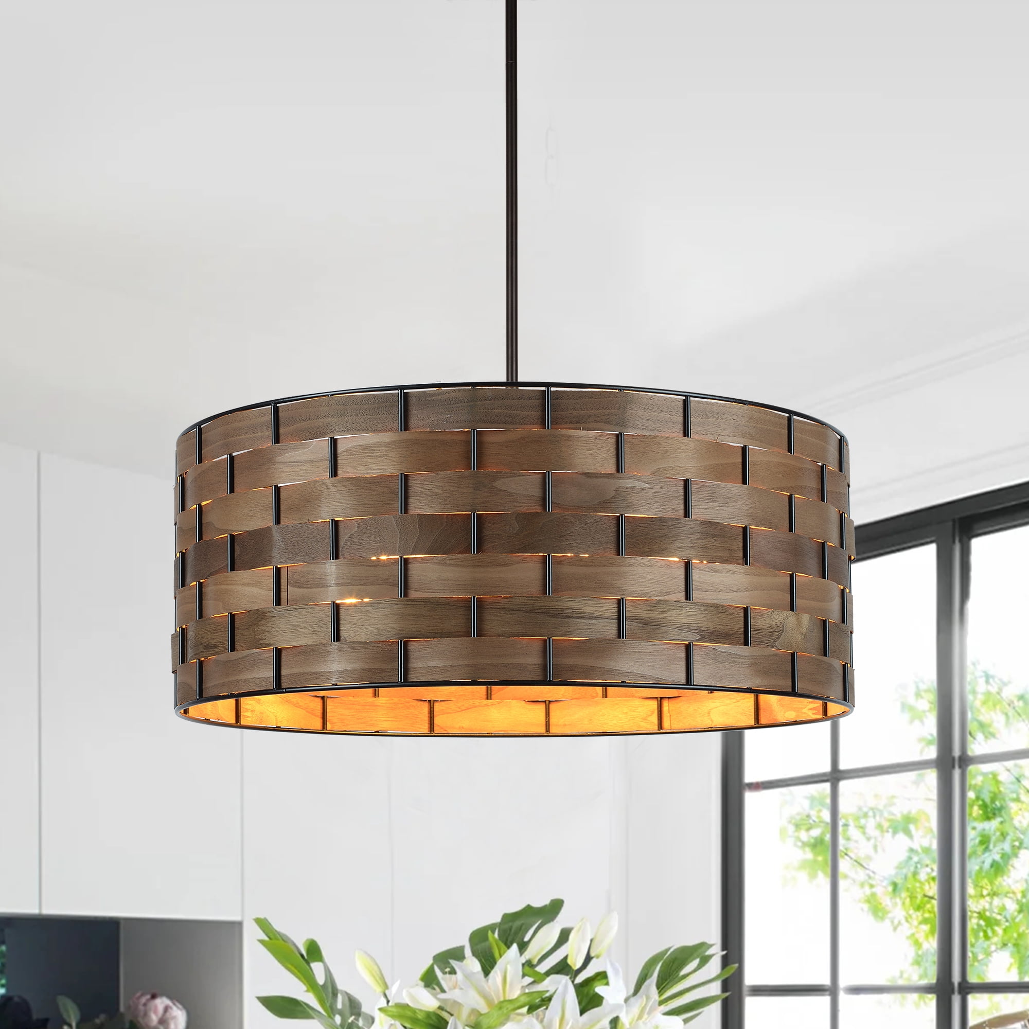 Walnut Wood Veneer Drum Pendant Chandelier with Black Metal Frame