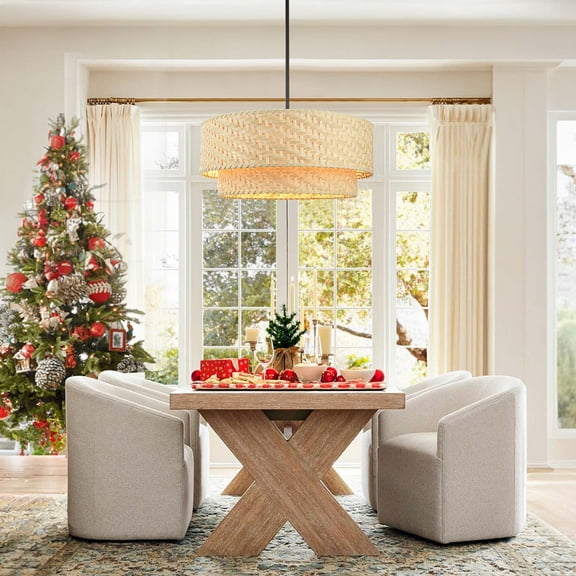 Prime Ray 4 - Light Convertible Chandelier with Hand Woven Natural Rattan Shade and Matte Black Hardware - Modern Craftsmanship