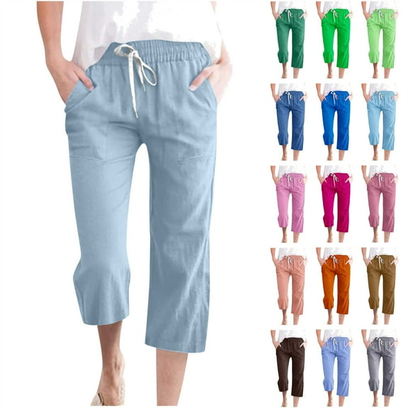 Prime Sales Clearance, BiZtdJrK Capri Pants for Women 2025 Summer Drawstring Elastic Waist Linen Beach Pants Solid Casual Wide Leg Lounge Cropped Trousers with Pockets Gray XXXL