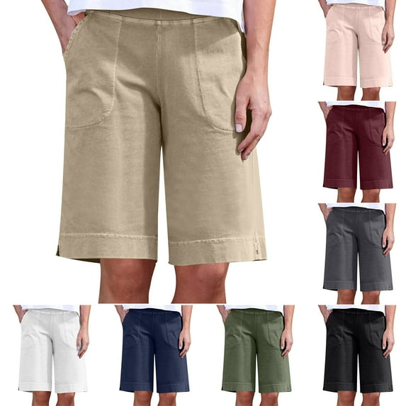 Prime Sales Clearance, BiZtdJrK Shorts for Womens Casual Loose Fit Knee Length Shorts Comfy Cotton Linen Wide Leg Bermuda Shorts Solid Lounge Short Pants with Pockets Black S