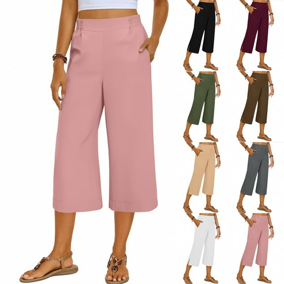 Birthday Gifts, lcziwo Women's Loose Palazzo Capri Pants Summer Casual High Waisted Flowy Cropped Pants Solid Color Wide Leg Lounge Trousers with Pockets Pink XL