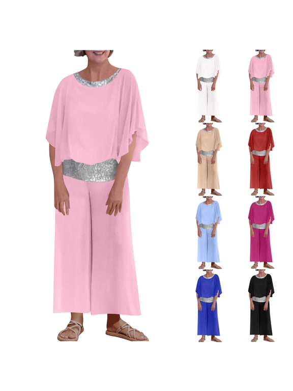 Prime Sales! JURANMO Mother of The Bride Wedding Guest Outfits Fashion Sequin Chiffon Shirts and Wide Leg Pant Suit Elegant Two Piece Sets White S