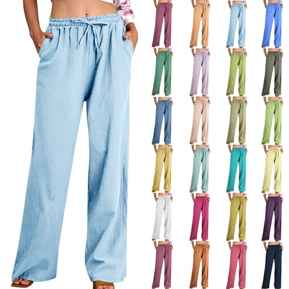 Prime Sales Today, lcziwo Womens Plus Size High Waisted Linen Pants Summer Drawstring Wide Leg Beach Pants Solid Casual Lounge Trousers with Pockets Orange XL