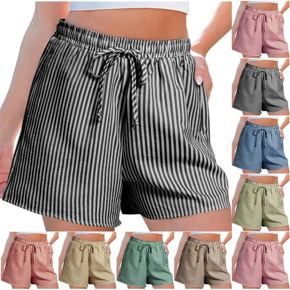 Prime Sales Today! lcziwo Womens Striped Shorts Drawstring Elastic Waisted Wide Leg Shorts Baggy Comfy Casual Summer Beach Shorts Pink XXL