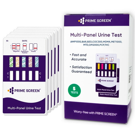 Prime Screen - [5 Pack] 10 Panel Multi-Drug Screen Urine Test Kit - Testing Instantly for -THC (Marijuana), AMP, BAR, BZO, COC, MET (Meth), MTD, MDMA, OPI, PCP - WDOA-3104