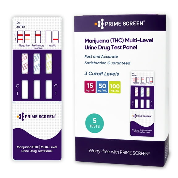 Prime Screen - Multi-Level Marijuana (THC) Home Urine Test Kit, at 15 ng/mL, 50 ng/mL, and 100 ng/mL - [5 Pack]