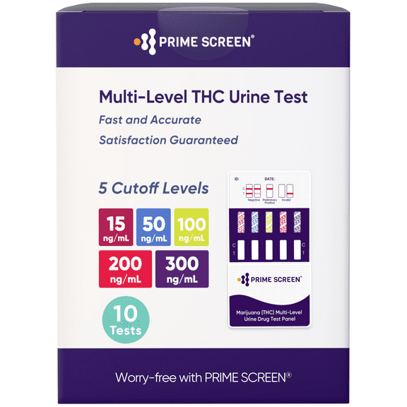 Prime Screen Multi-Level Marijuana THC Urine Test Kit – Detects Marijuana at 15, 50, 100, 200, and 300 ng/mL [10-Pack]