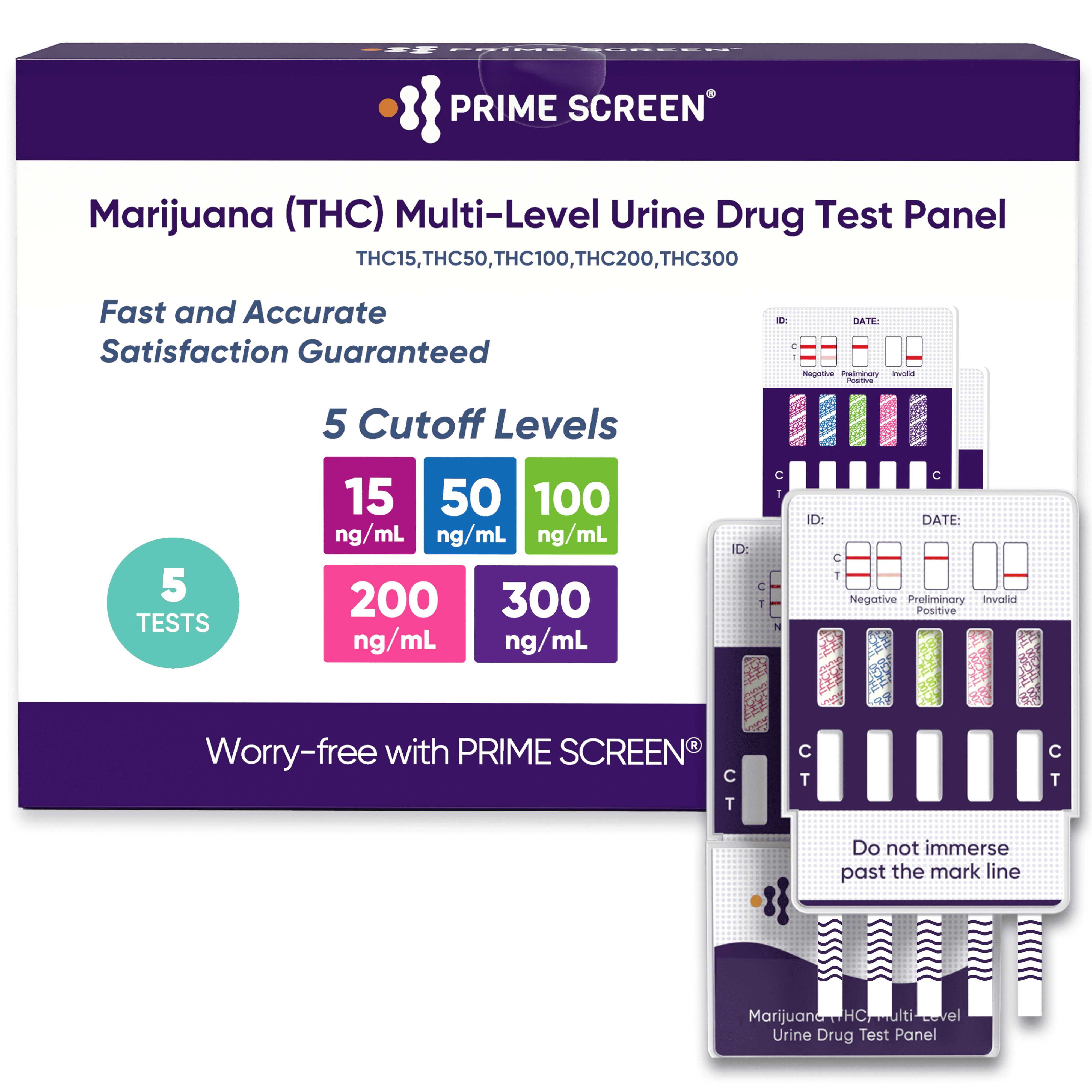 Prime Screen Multi-Level Marijuana THC Urine Test Kit – Detects Marijuana at 15, 50, 100, 200, and 300 ng/mL [5-Pack]