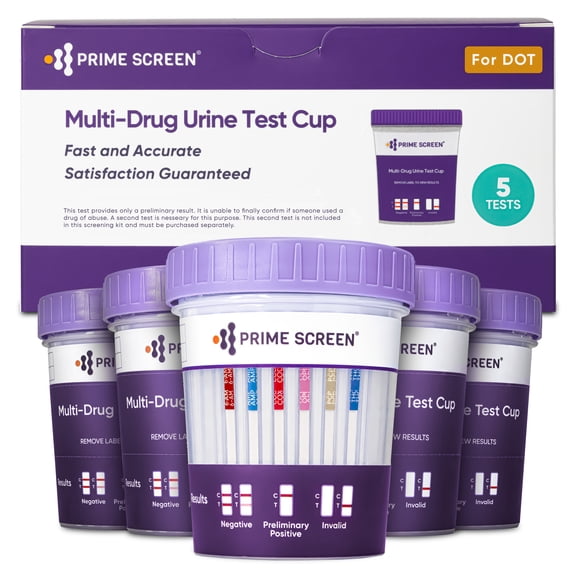Prime Screen Quick Result DOT Home Urine Test Cup-Instant Testing Marijuana(THC50), 6-MAM, AMP500, COC150, OPI2000, PCP-[5 Pack]